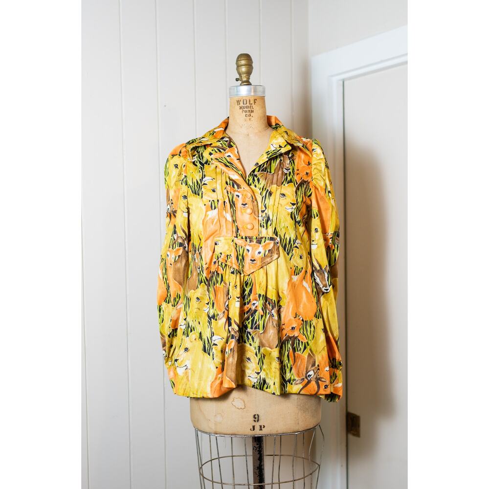 Vintage 70s Animal Print Safari Tunic Top, Orange Yellow Funky Hippie Blouse, M